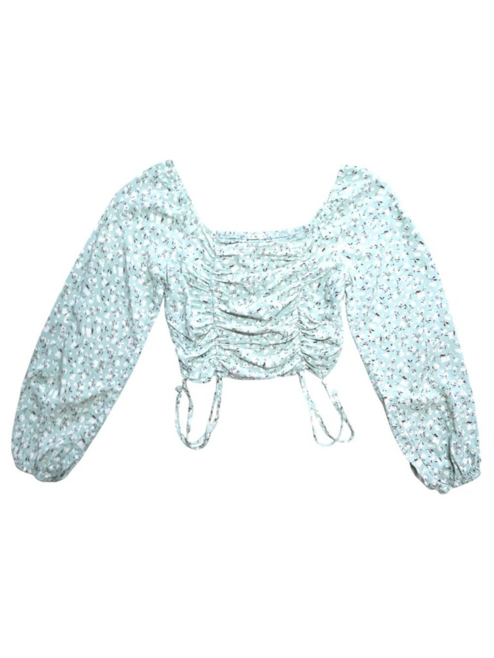 3+ MKT Floral Smocked Crop Top XS Long Sleeve Ruched Tie Front Green